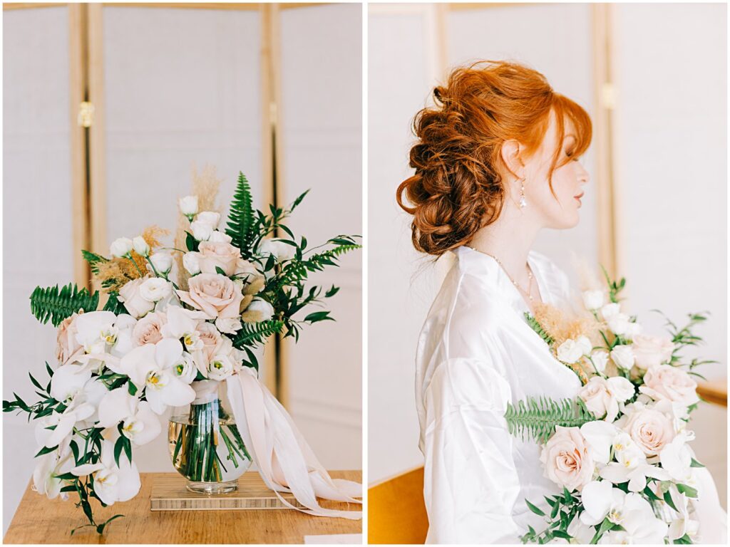 blush pink roses with white orchids in a vase on a table, model holding creative bridal flower bouquet