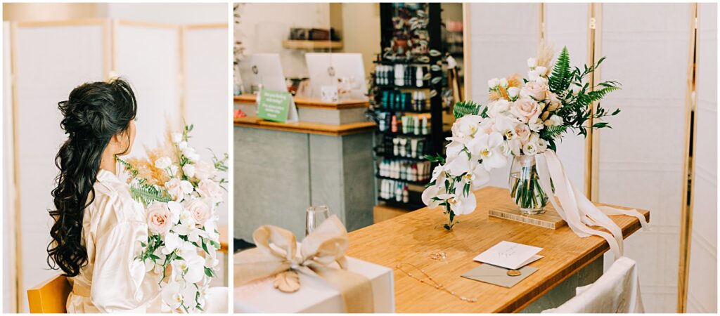 blush pink roses with white orchids in a vase on a table, model holding flower bouquet, creative bridal bouquet