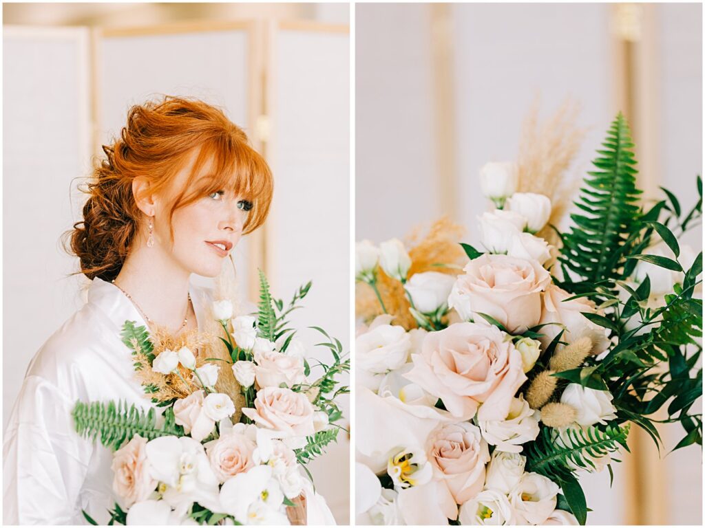 blush pink roses with white orchids in a vase on a table, model holding creative bridal bouquet