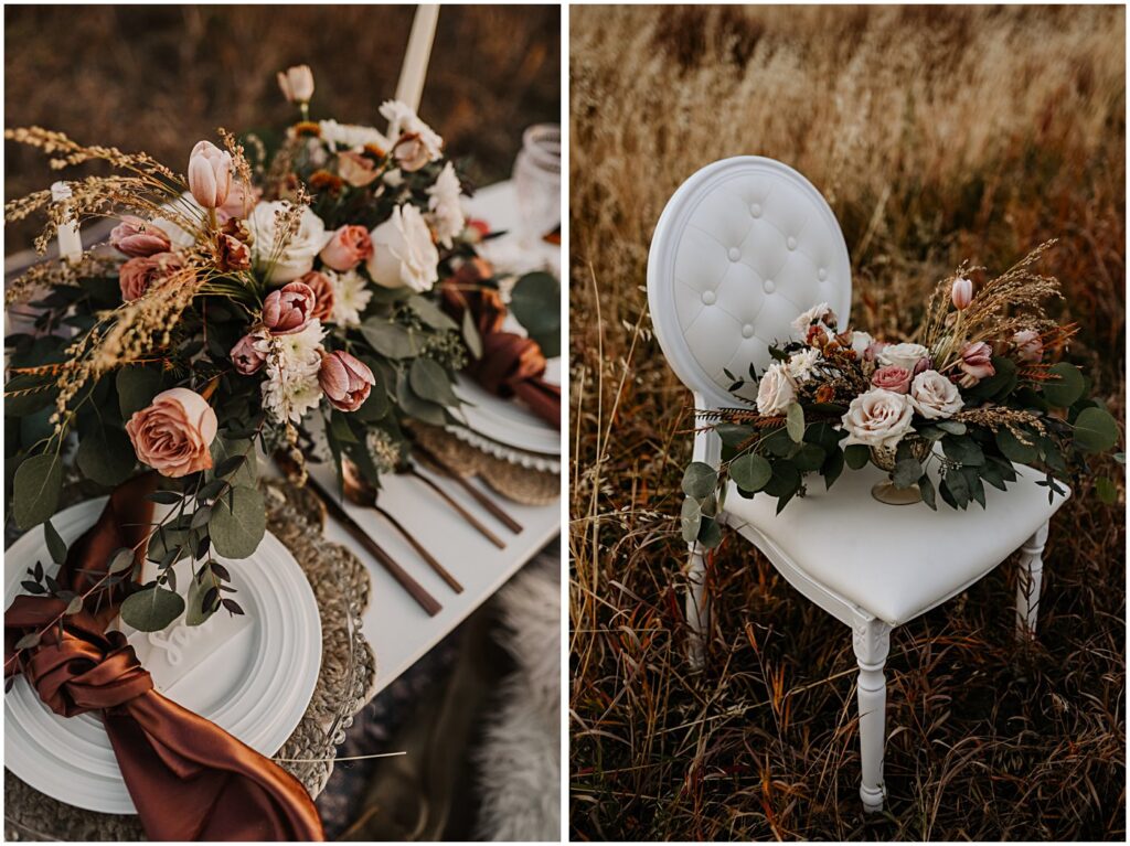 table setting, wedding fall florals in the prairies, flowers on a white wedding chair