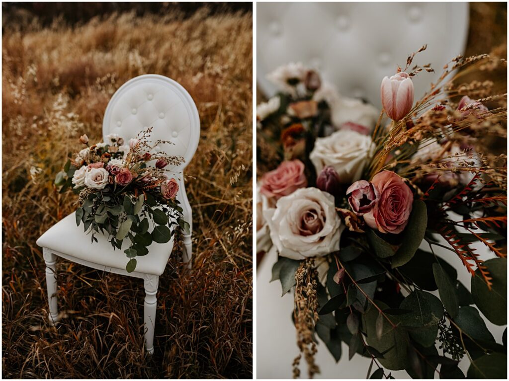 wedding florals on a white chair