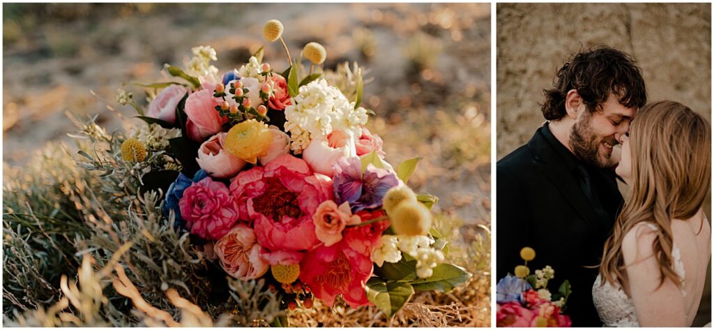 vibrant florals, wedding couple portraits