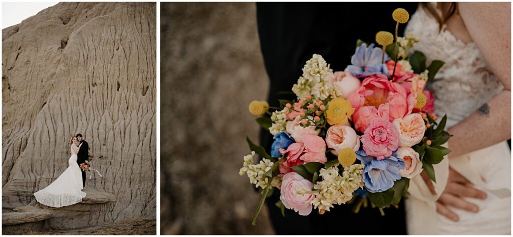 wedding couple, castle butte, wedding florals