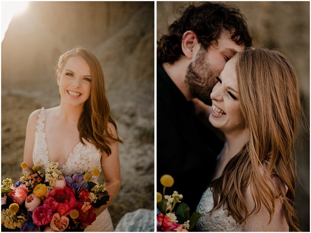 bride with vibrant florals, wedding couple