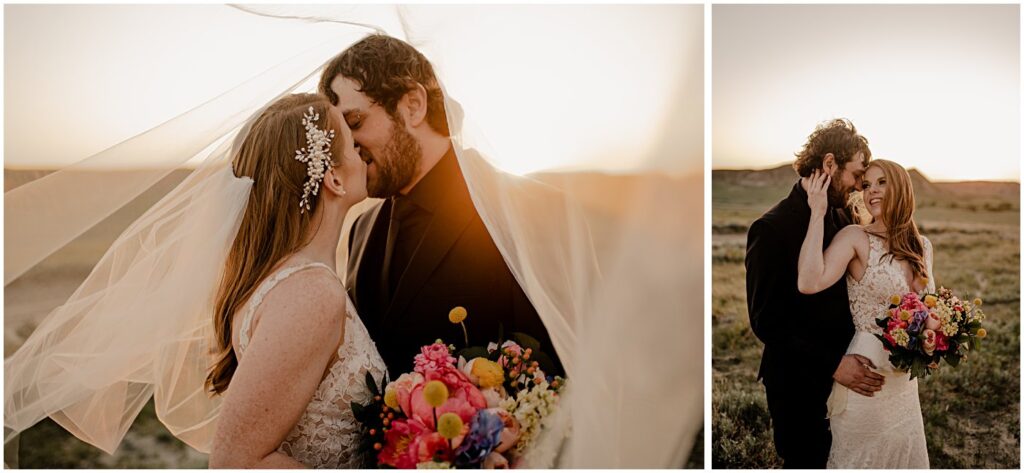 wedding couple under wedding veil, castle butte, vibrant florals