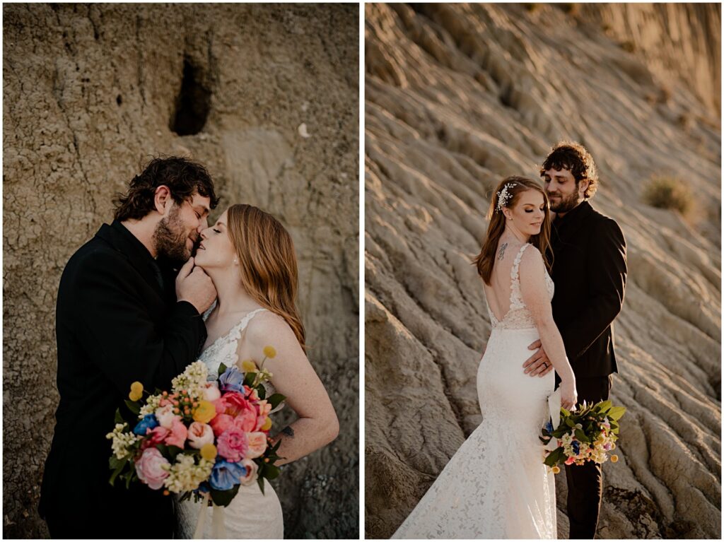 wedding couple kissing, vibrant florals, castle butte, sk, golden hour