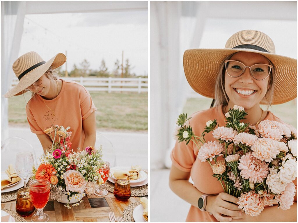 Paytons place designs holding a bouquet of pink flowers, arranging flowers on a table