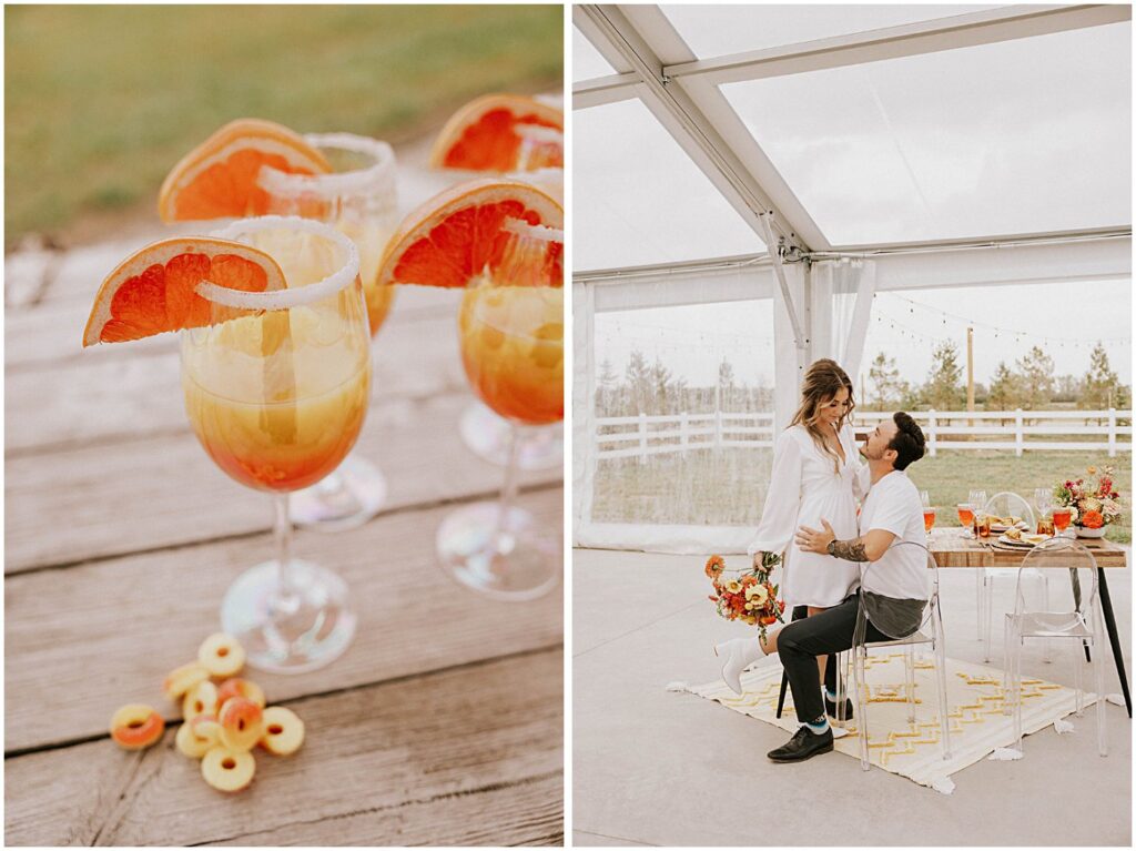 colorful citrus inspired florals, wedding couple portraits at the dinner table, citrus drinks