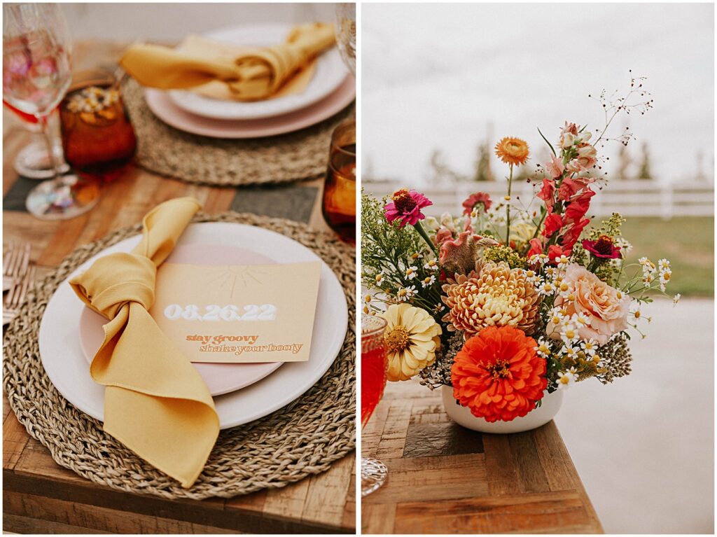 colorful citrus inspired florals, table place setting with a napkin, invite and plates