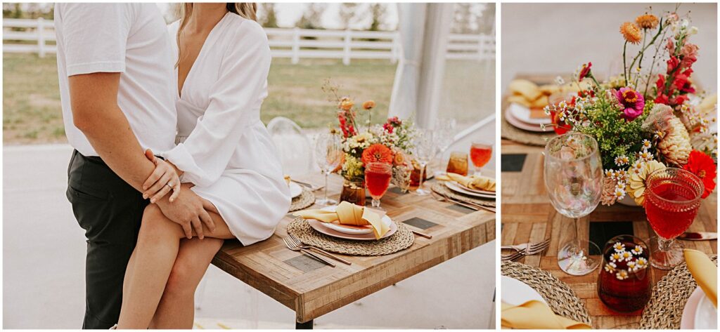 couple portraits on a table with colorful citrus inspired florals and drinks, place settings
