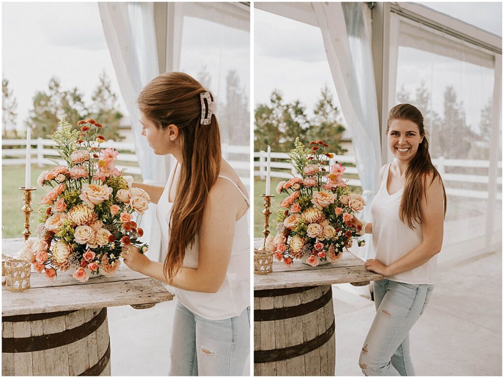 Daisy & Bird Florals arranging flowers on a barrel table top, colorful citrus inspired florals