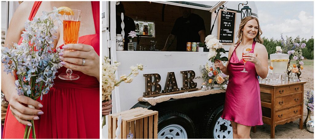 wedding party having drinks in front of mobile bar, budvases