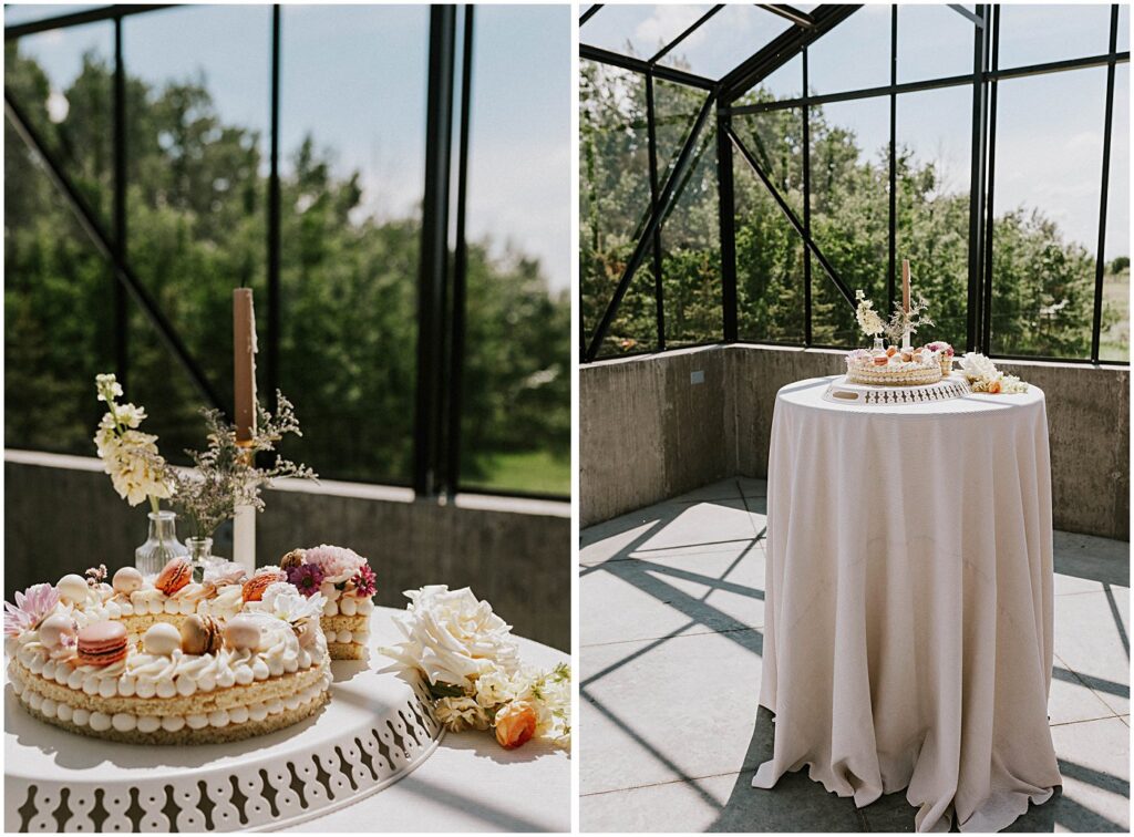 wedding cake decorated with macaroons and budvase florals