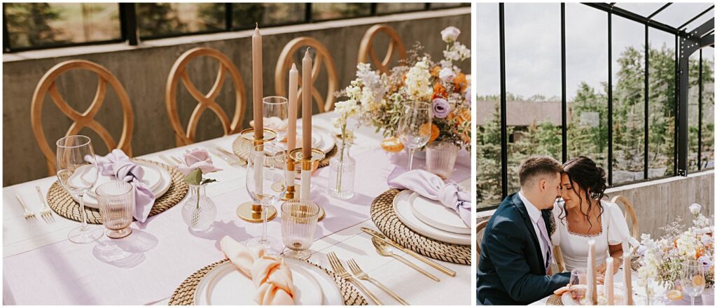 wedding florals on reception tables, wedding couple