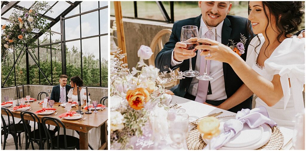 wedding florals on reception tables, wedding couple clinking wine glasses