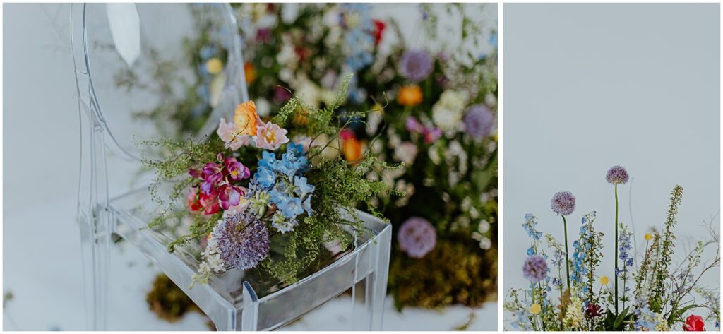spring meadow florals, floral bouquet on a chair