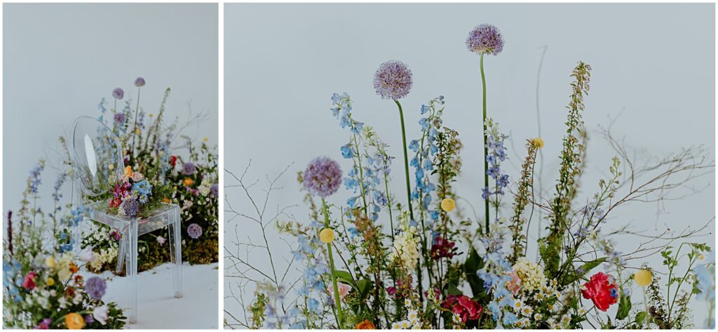 spring meadow florals, vibrant florals, wildflowers, bouquet on a chair