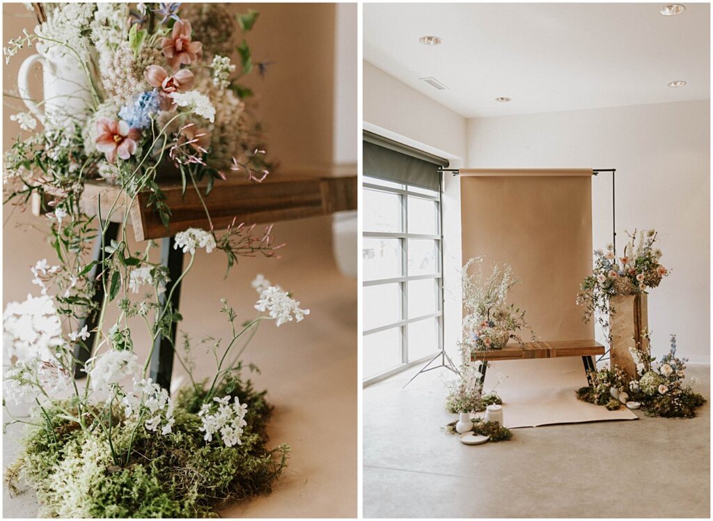 muted florals on a bench with a neutral backdrop, soft blush tones with earthy greens