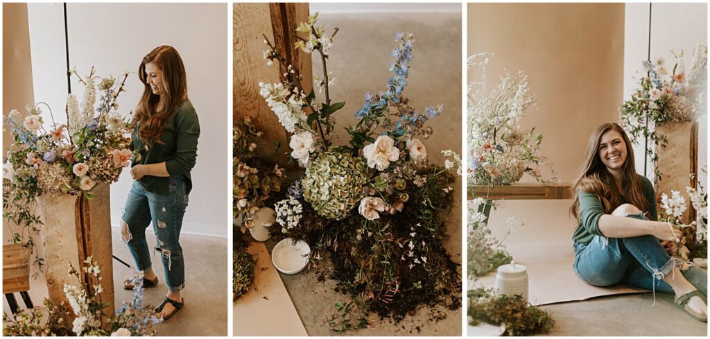 muted florals on a bench with a neutral backdrop, soft blush tones with earthy greens, wedding florist arranging flowers