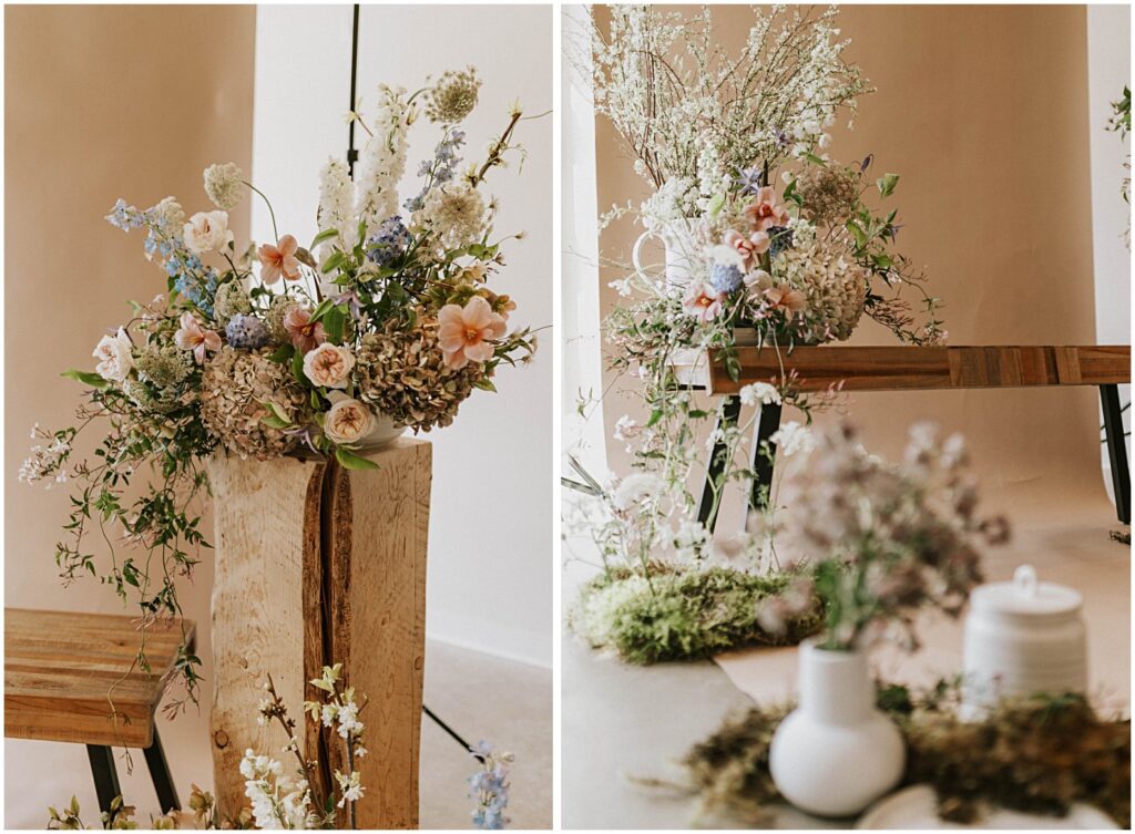 muted florals on a bench with a neutral backdrop, soft blush tones with earthy greens