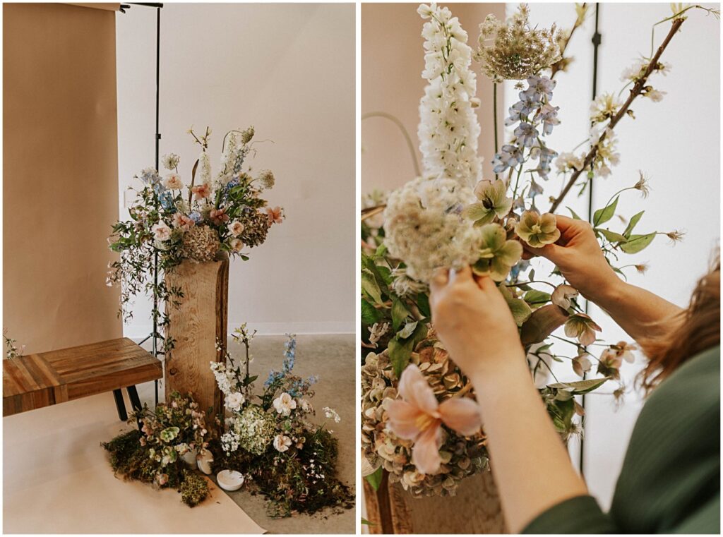 muted florals on a bench with a neutral backdrop, soft blush tones with earthy greens