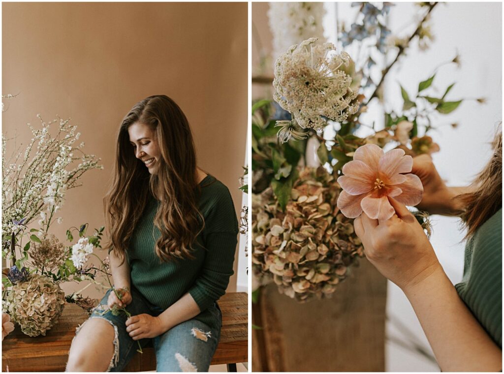 wedding florist sitting on bench and arranging florals