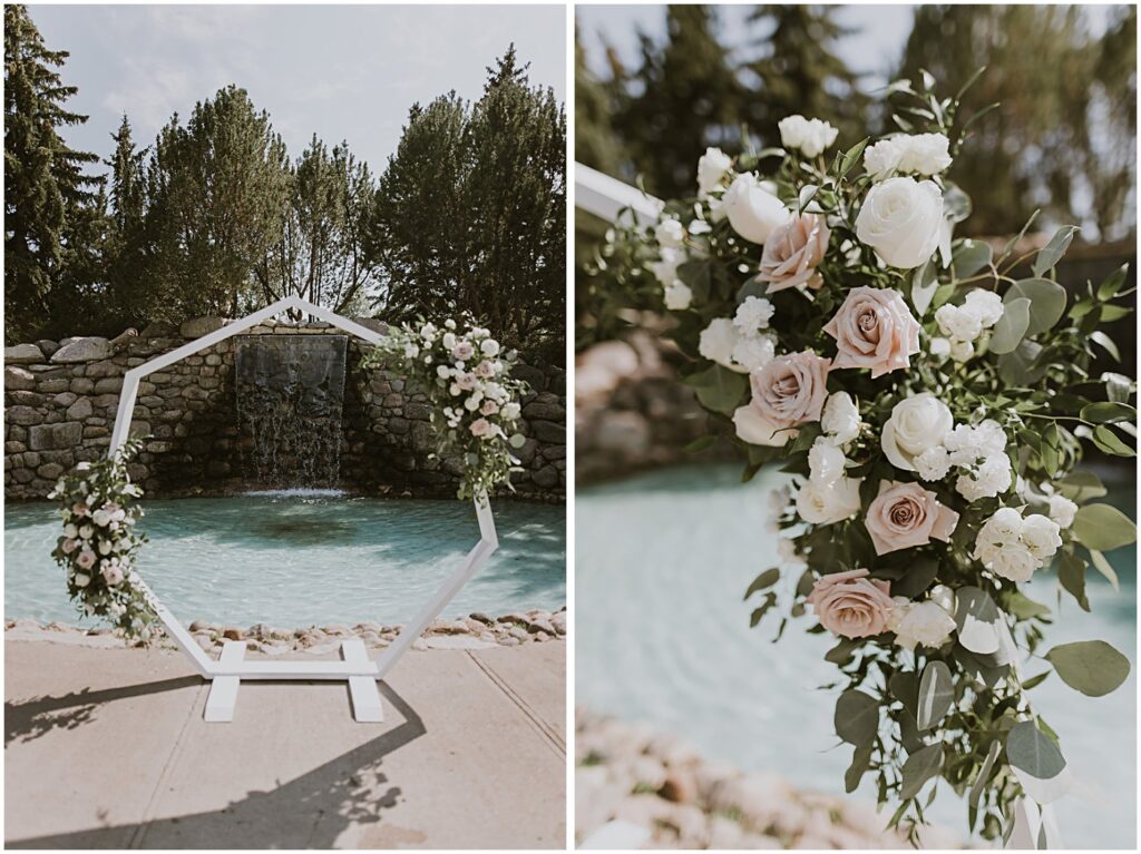 wedding ceremony with arch decorated with flowers in front of waterfall