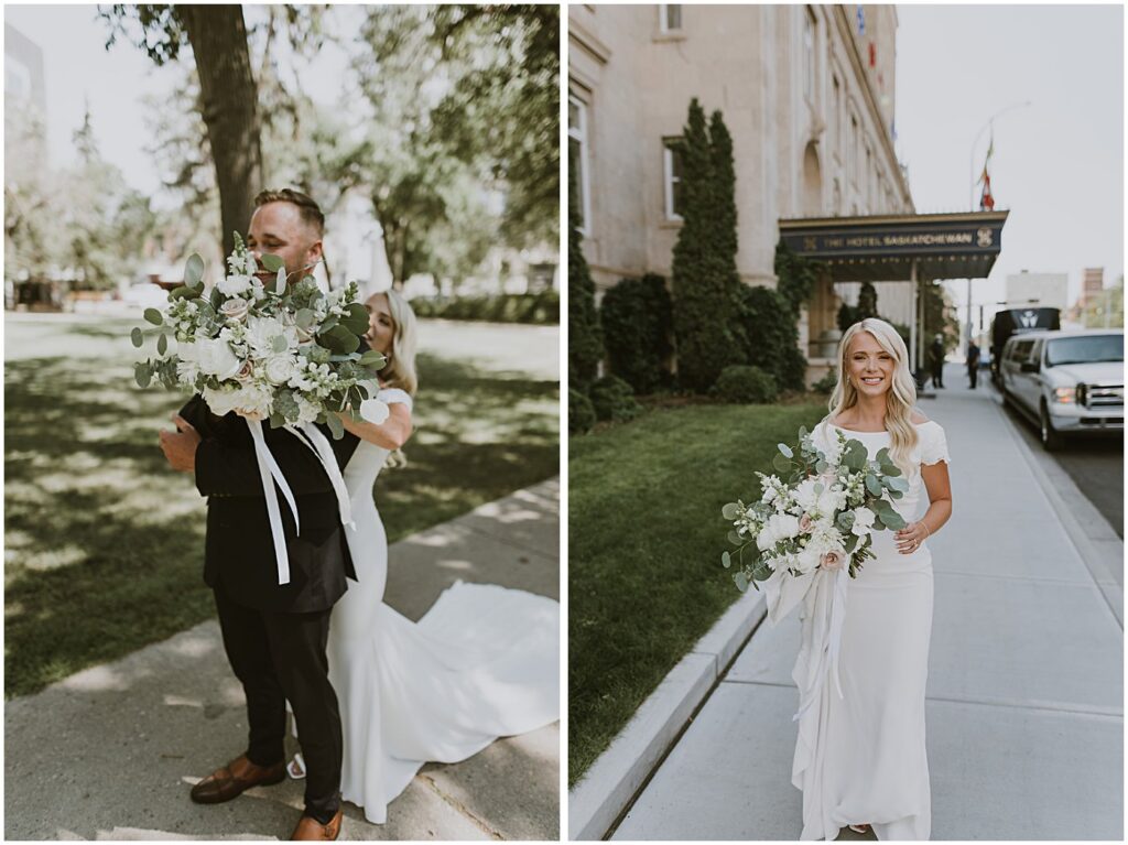 wedding couple portraits with wedding flowers