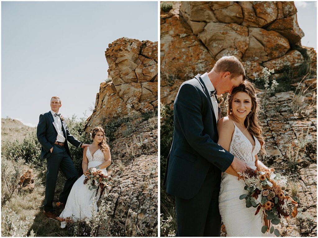 wedding couple portrait holding wedding florals