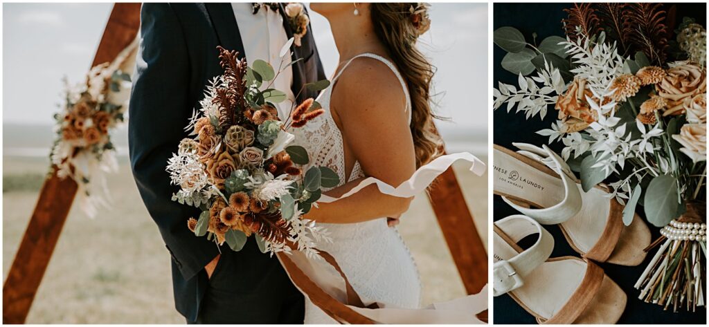 wedding couple portrait holding wedding florals, wedding shoes with flowers