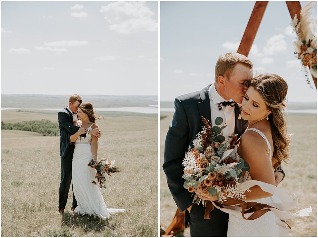 wedding couple portrait holding wedding florals