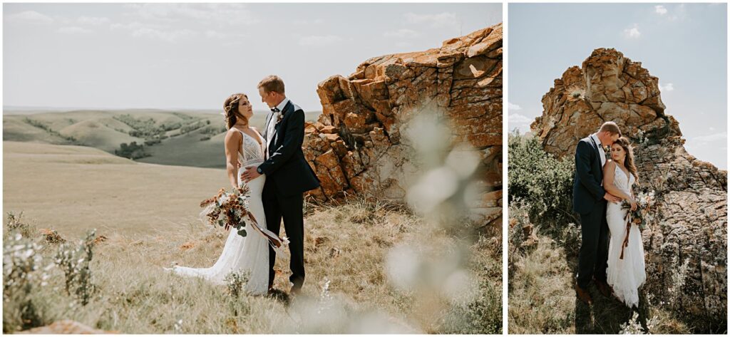 wedding couple portrait holding wedding florals