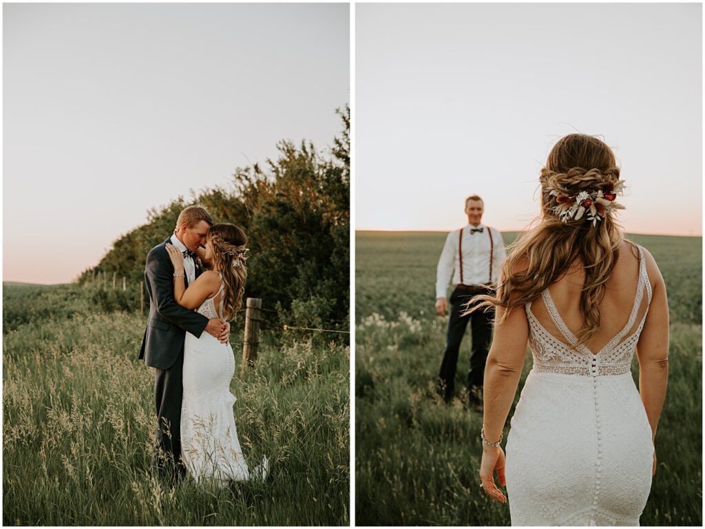 wedding couple portrait with flowers in brides hair