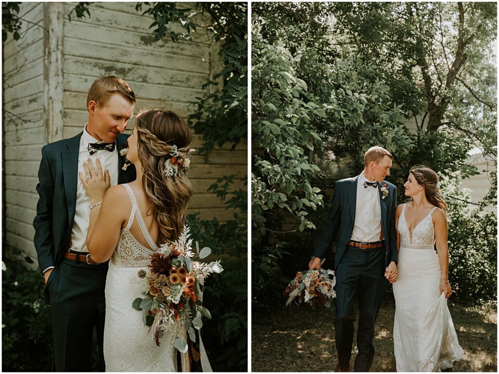 wedding couple portrait holding wedding florals