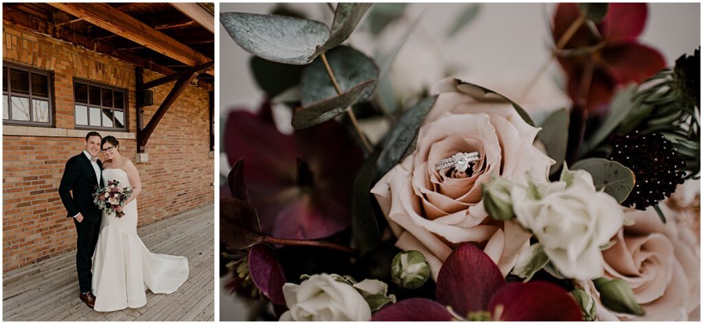 blush and burgundy florals, wedding couple portrait, elegant spring wedding