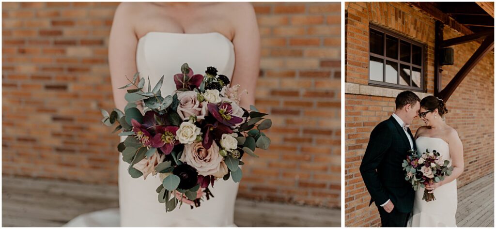 blush and burgundy florals wedding couple portraits for elegant spring wedding