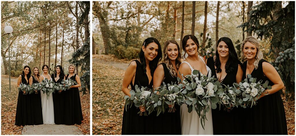 bridesmaids portraits with modern fall wedding florals
