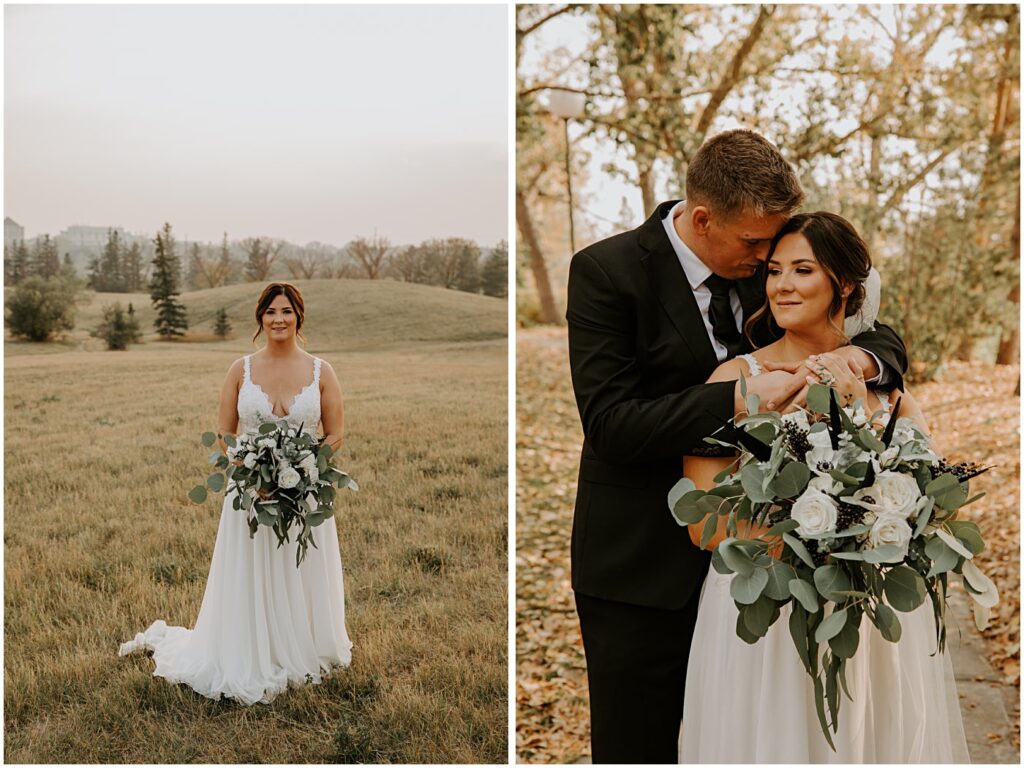wedding couple portraits with modern fall wedding florals