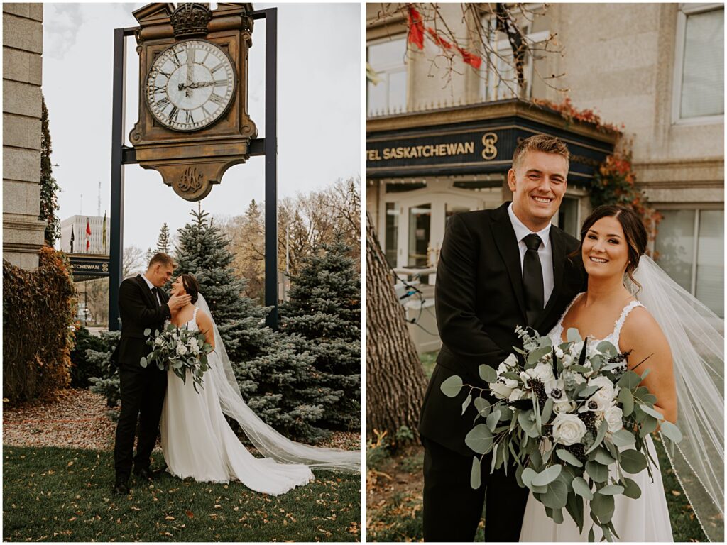 wedding couple portraits with modern fall wedding florals