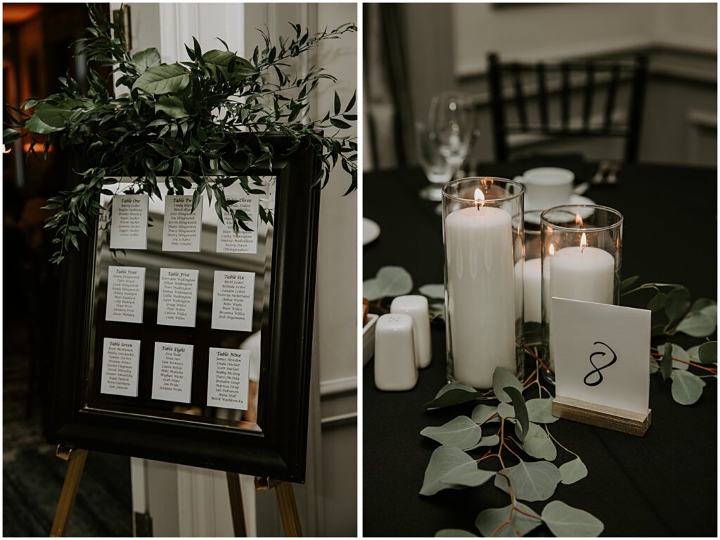 reception with greenery, candles on reception table
