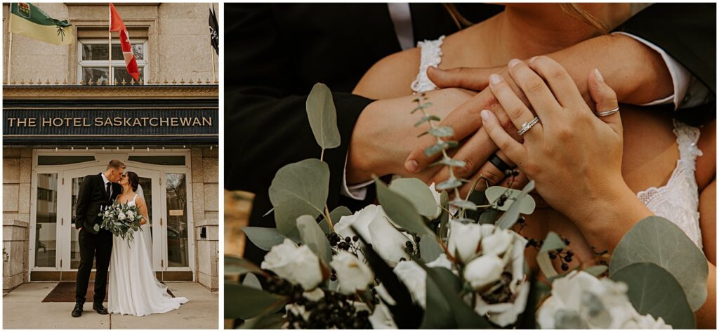 wedding couple portraits with modern fall wedding florals