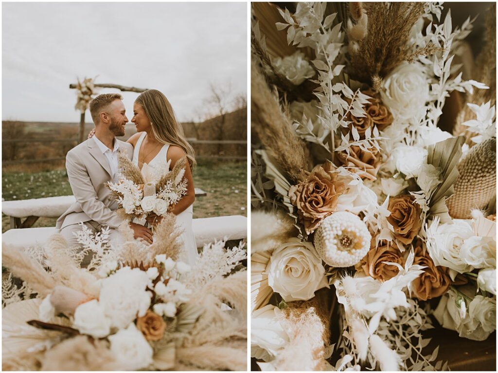 wedding couple portraits with wedding florals