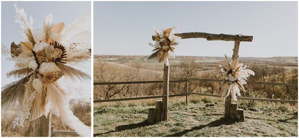 wedding ceremony arch with wedding florals, warm and neutral florals