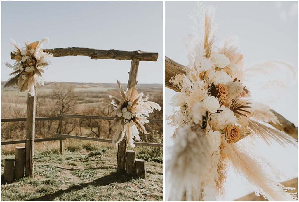 wedding ceremony arch with wedding florals, warm and neutral florals