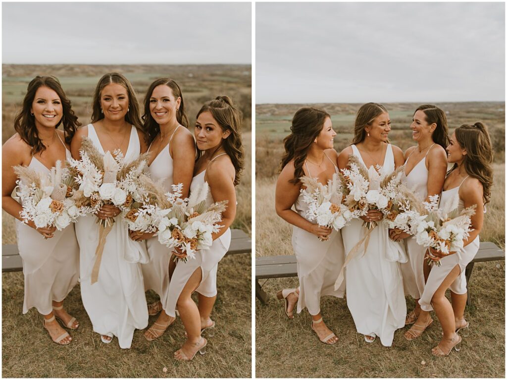 bride with bridesmaid holding wedding floral bouquets