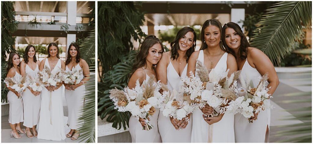 bride with bridesmaid holding wedding floral bouquets