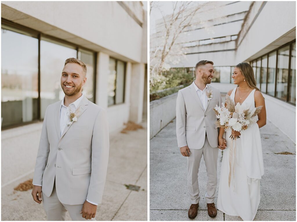 wedding couple portraits with wedding florals, warm and neutral florals