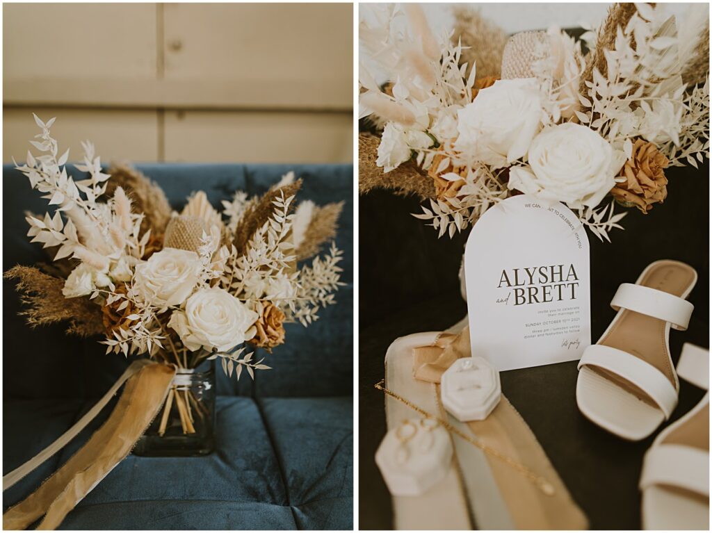 wedding florals on a couch with wedding shoes and wedding invitation