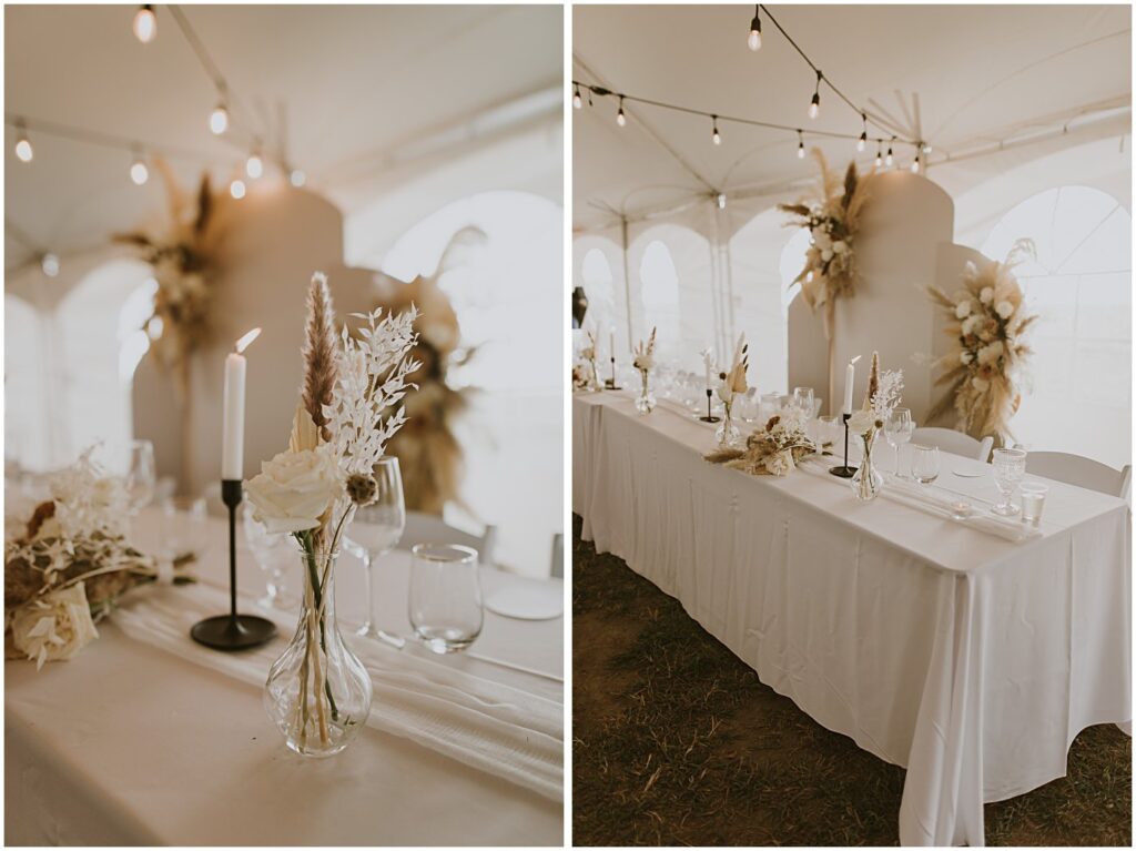 reception table decor with warm and neutral florals