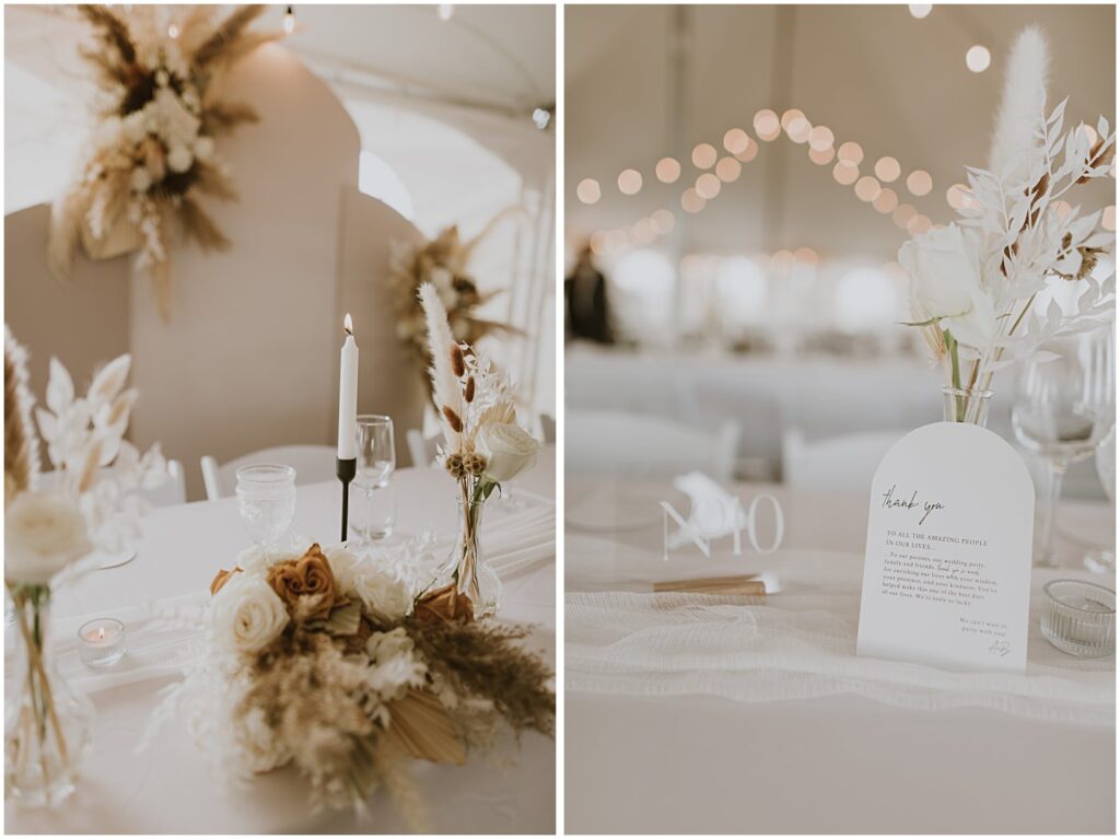 reception table decor with warm and neutral florals